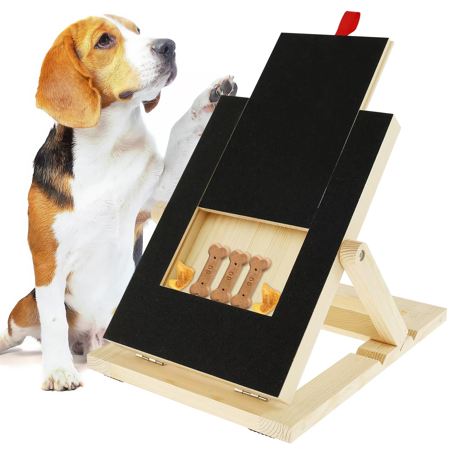 Dog Nail Scratch Board Height Adjustable with Built-In Treat Box Wooden Puppy Nail Grinding Pad Treat Drawer Board Foldable